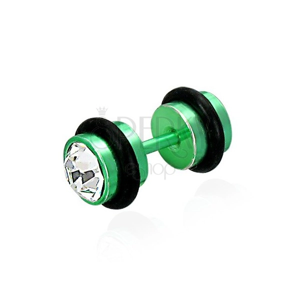 Lažni piercing u zelenoj boji – prozirni cirkoni, crne gumene ukrasne trakice