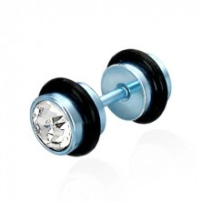 Lažni piercing u plavoj nijansi – prozirni cirkoni, crni gumeni ukras 
