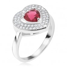 Prsten izrađen od srebra čistoće 925 - crveni kamen u obliku srca, obrub ukrašen cirkonima
