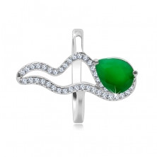 Prsten izrađen od 925 srebra - zeleni kamen u obliku suze, valovita linija s cirkonima