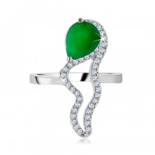 Prsten izrađen od 925 srebra - zeleni kamen u obliku suze, valovita linija s cirkonima