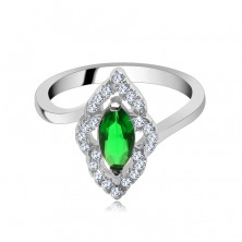 Srebrni prsten - eliptični kamen zelene boje, linija s cirkonima