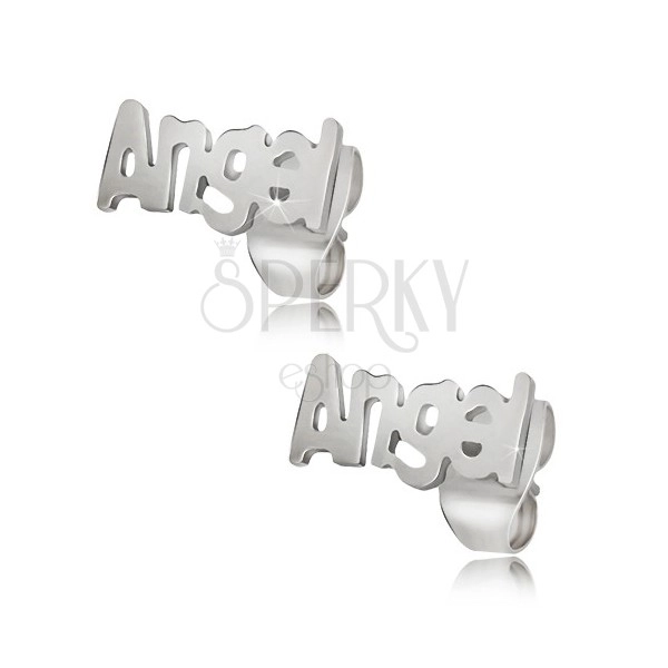 Čelične naušnice-igle srebrne boje, natpis "Angel"