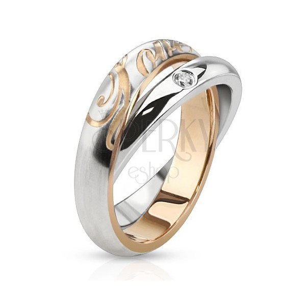 Dvostruki čelični prsten, prsten srebrne boje, cirkoni, natpis Love