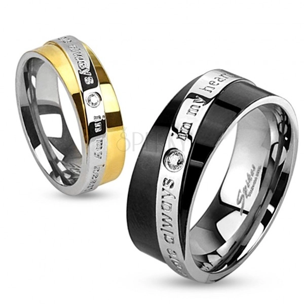 Dvobojni čelični prsten, dijagonalna pruga sa ljubavnim natpisom, prozirni cirkon