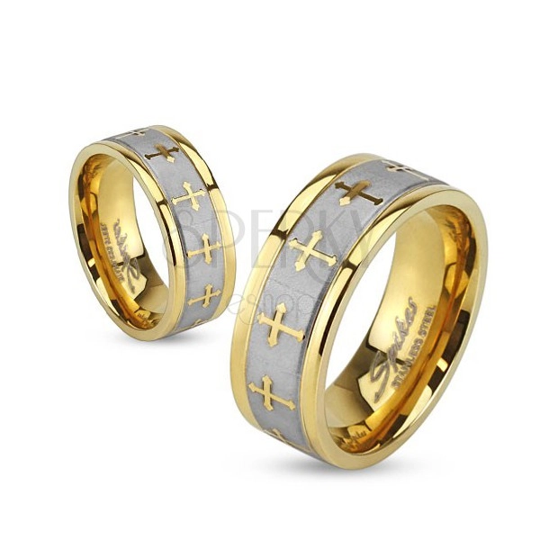 Čelični prsten zlatne boje, srebrna satenska pruga, heraldički križevi
