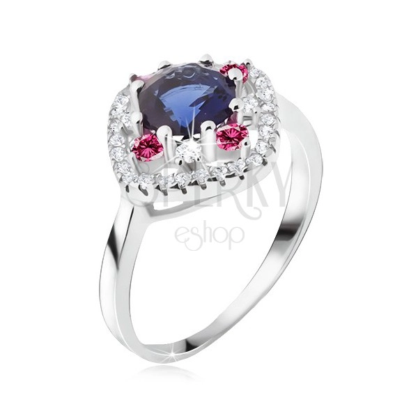 Prsten izrađen od 925 srebra, okrugli plavi cirkon, prozirni i ružičasti kamenčići