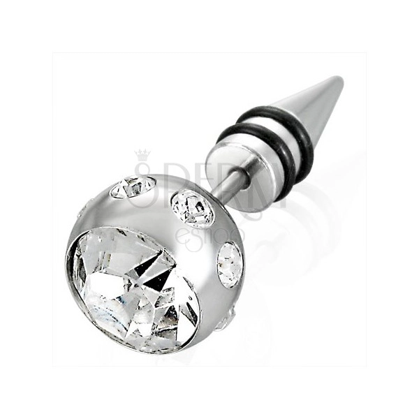 Lažni piercing u srebrnoj boji - velika perla s cirkonom, vrh s dvije crne ukrasne gumene trake