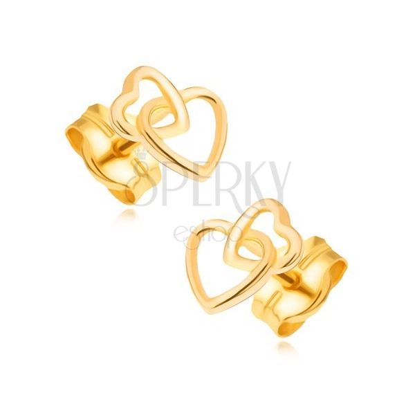 Naušnice od zlata 585 - dvije međusobno povezane siluete srca pravilnog oblika