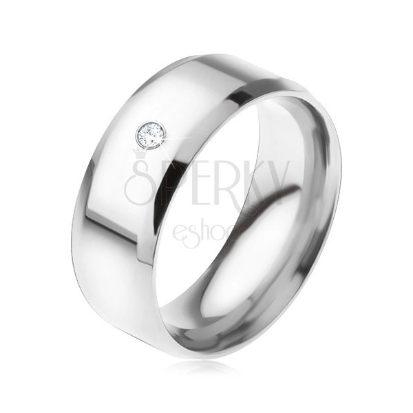 Sjajni čelični prsten, ukošeni rubovi, prozirni okrugli cirkon