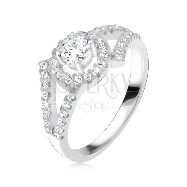 Srebrni 925 prsten, dvostruki krakovi, okrugli umjetni dijamanat sa obrubom
