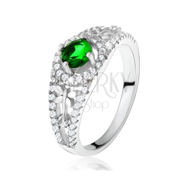 Prsten sa prozirnim cirkonom i zelenim umjetnim dijamantom, vilin konjici, 925 srebro