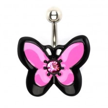 Piercing za pupak od čelika, roza-crni leptir sa cirkonom