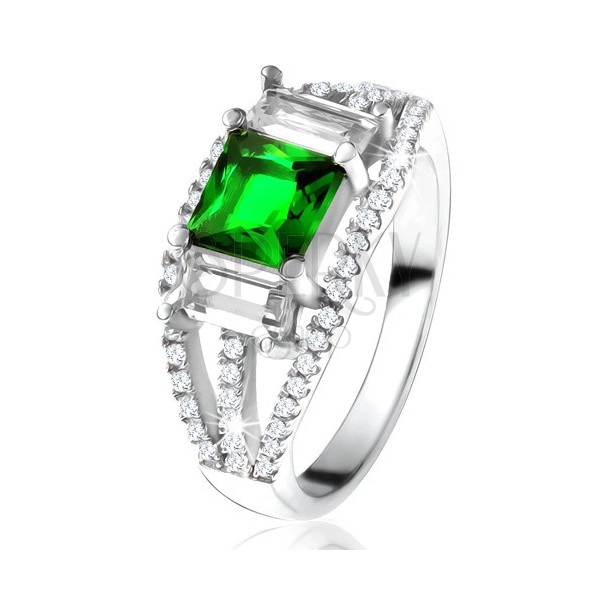 Prsten od srebra 925, zeleni kvadratni cirkom, prozirni pravokutni kamenčići