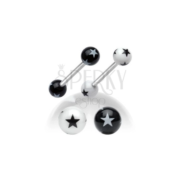 Čelični piercing za jezik, crno-bijele akrilne kuglice sa zvijezdama