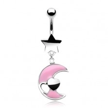 Čelični piercing za pupak - roza polumjesec sa srcima