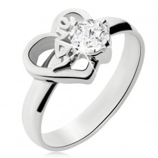 Čelični prsten s prozirnim kamenom, silueta nepravilnog srca, natpis Love
