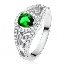 Prsten od srebra 925, zeleni kamen u obliku suze, prozirni cirkoni, siluete srca