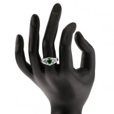 Prsten od srebra 925, zeleni kamen u obliku suze, prozirni cirkoni, siluete srca