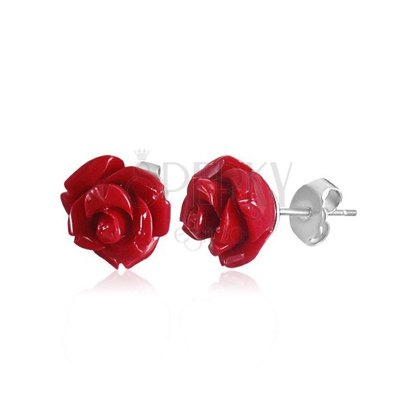 Naušnice izrađene od kirurškog čelika, koraljno crvena ruža u cvatu izrađena od akrila