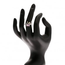 Prsten srebrne boje, cirkoni u boji zrnastog oblika smješteni jedan iznad drugoga