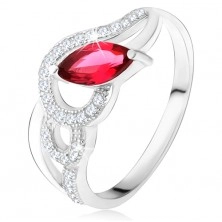 Prsten od srebra 925, cirkonski i glatki valovi, crveni kamen u obliku zrna