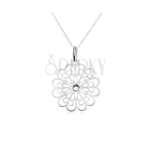 925 srebrna ogrlica - lančić, prozirni cirkon, plosnati urezani cvijet