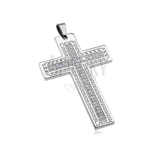 Privjesak od nehrđajućeg čelika - velik križ sa cirkonima i grčkim ključem