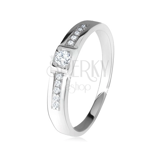 Sjajni vjenčani prsten, dvije ravne linije, prozirni kamenčići, 925 srebro