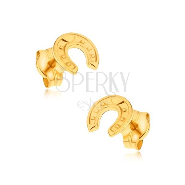 Naušnice od 9K zlata - svjetlucava dekorativno gravirana konjska potkova