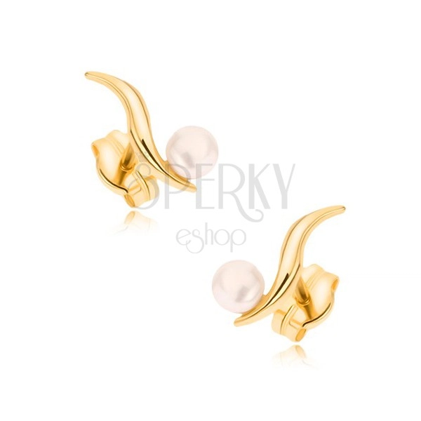 375 zlatne naušnice - sjajna tanka valovita linija, bijela perlica
