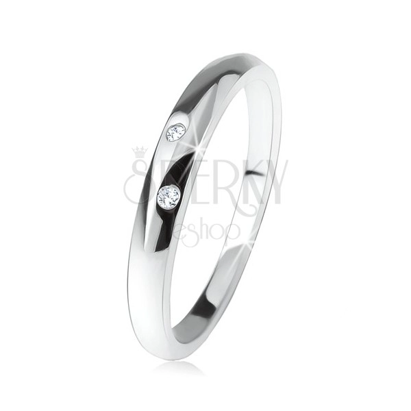 Sjajni vjenčani prsten sa ispupčenim krakom, dva prozirna cirkona, 925 srebro
