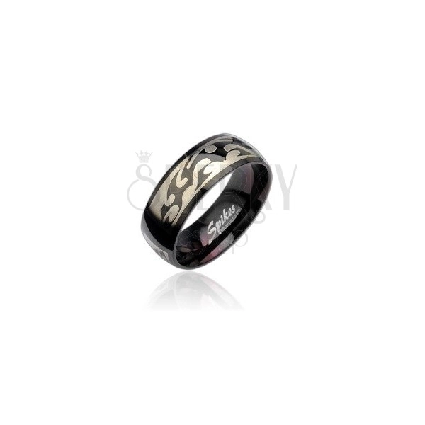 Crni čelični prsten sa plemenskim uzorkom srebrne boje