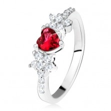 Prsten sa crvenim kamenom u obliku srca i cvjetovima, prozirni cirkoni, srebro 925