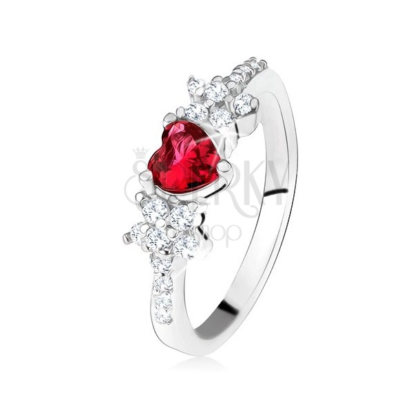 Prsten sa crvenim kamenom u obliku srca i cvjetovima, prozirni cirkoni, srebro 925