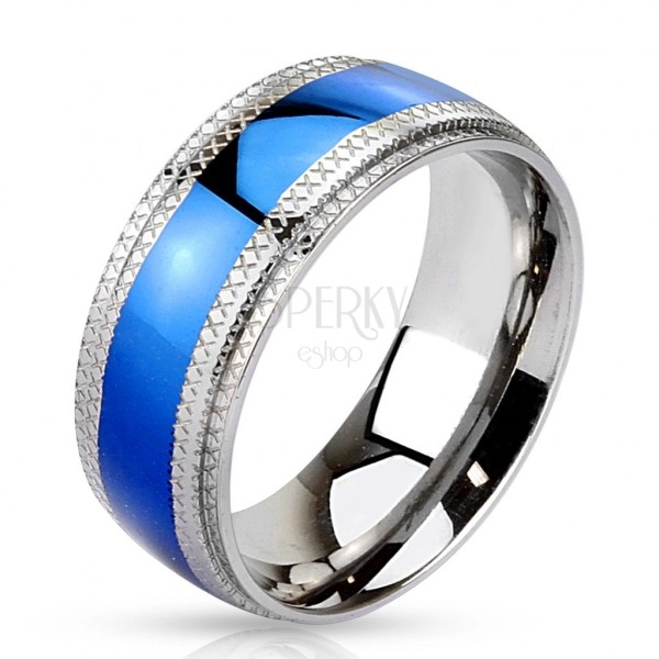 Čelični prsten - plava traka u sredini, nazubljeni rubovi