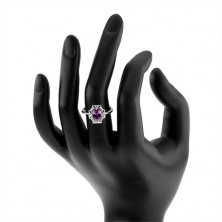 Zaručnički prsten od srebra 925, ovalni ljubičasti kamen, cirkonski obrub