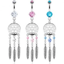 Piercing za pupak izrađen od čelika - hvatač snova, obojene perlice i čelična pera