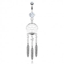 Piercing za pupak izrađen od čelika - hvatač snova, obojene perlice i čelična pera