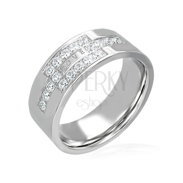 Čelični prsten s cirkonima i natpisom LOVE
