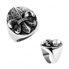 Čelični prsten, heraldički ljiljan u ovalu, srebrna boja, patina