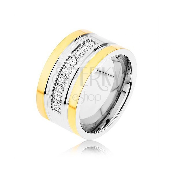 Čelični prsten zlatne i srebrne boje, linija svjetlucavih cirkona, utori