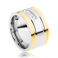 Čelični prsten zlatne i srebrne boje, linija svjetlucavih cirkona, utori