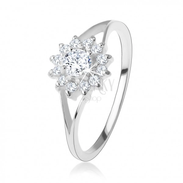 Zaručnički prsten izrađen od 925 srebra, cvijet s prozirnim cirkonima, razdvojeni krakovi