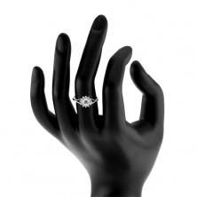 Zaručnički prsten izrađen od 925 srebra, cvijet s prozirnim cirkonima, razdvojeni krakovi