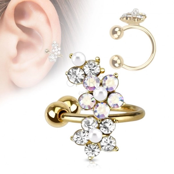 Lažni piercing za uho, prsten od 316L čelika, zlatna boja, cvjetovi s cirkonima