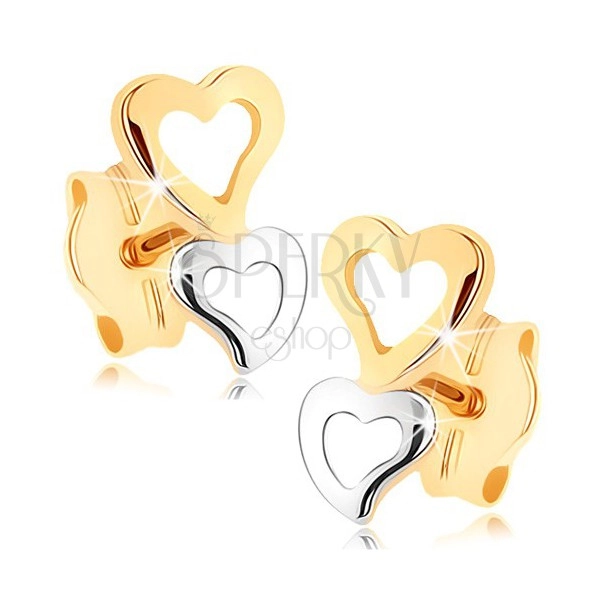 375 zlatne naušnice - dvije siluete u obliku srca u dvobojnoj verziji
