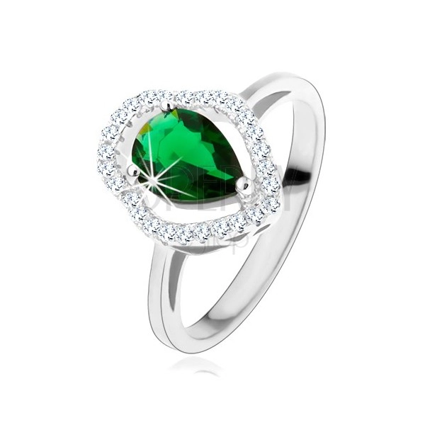 Prsten od srebra 925, zelena cirkonska kapljica, svjetlucava prozirna silueta