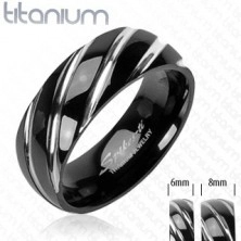 Prsten od titana crne boje - uski kosi usjeci srebrne boje