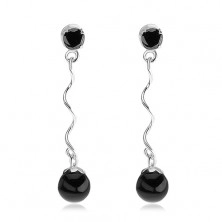 925 srebrne naušnice, okrugli crni cirkon, sjajna spirala, crna perla
